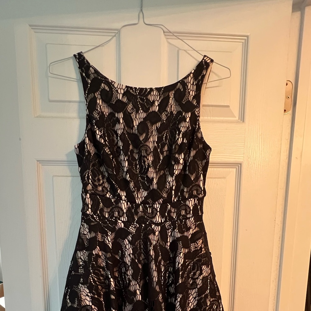Black and beige floral lace cocktail dress